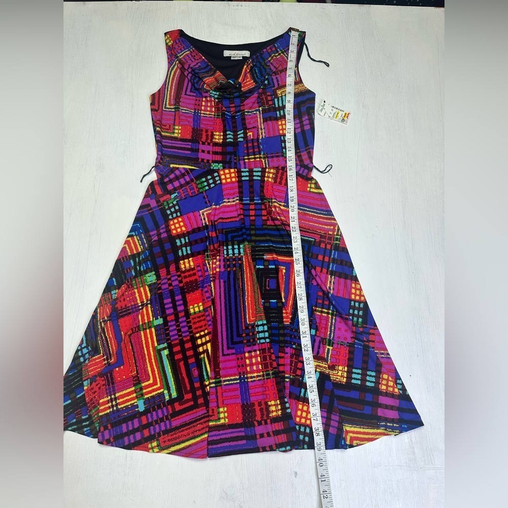 Kelly & Diane Size 10 Colorful Abstract Plaid Fit & Flare Cowl Dress - Picture 7 of 12